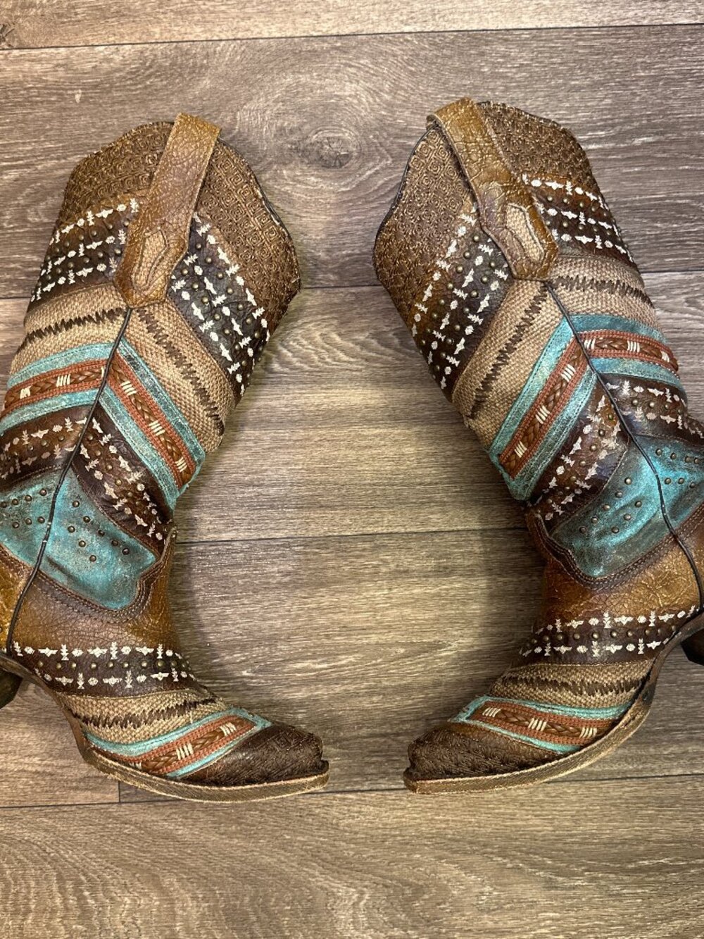 Ladies Corral Western Boots Turquoise Brown Studded Embroidered 6.5M A3381
